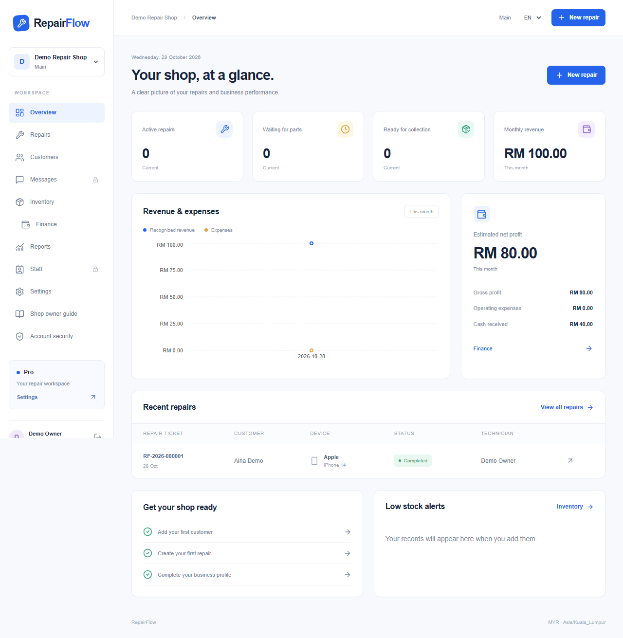 RepairFlow dashboard showing repair statuses, financial summaries and a recent repair with example records.